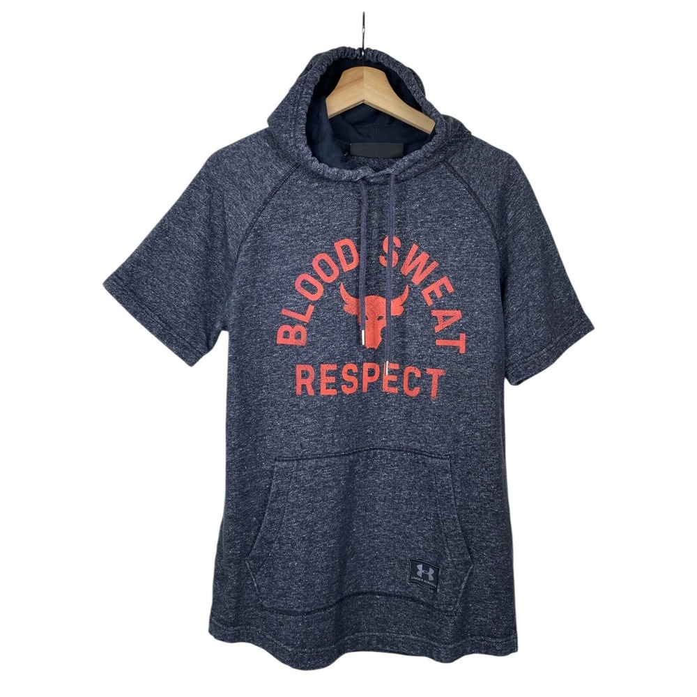 Under Armour Mens Project Rock Terry Hoodie Gray Red Size M Short Sleeve Loose
